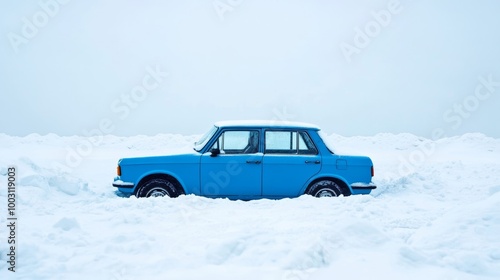 Car stuck in deep snow with spinning wheels winter travel difficulties  photo