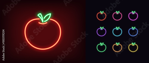 Outline neon apple icon set. Glowing neon apple fruit with leaf, outline shape and silhouette. Ripe fruit, apple garden, organic food, fruit diet, summer vitamins, health food. Vector icons