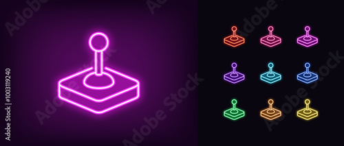 Outline neon control joystick icon set. Glowing neon arcade joystick, game joypad, control lever. Gaming stick handle, retro controller, vintage control console, manipulator handle. Vector icons