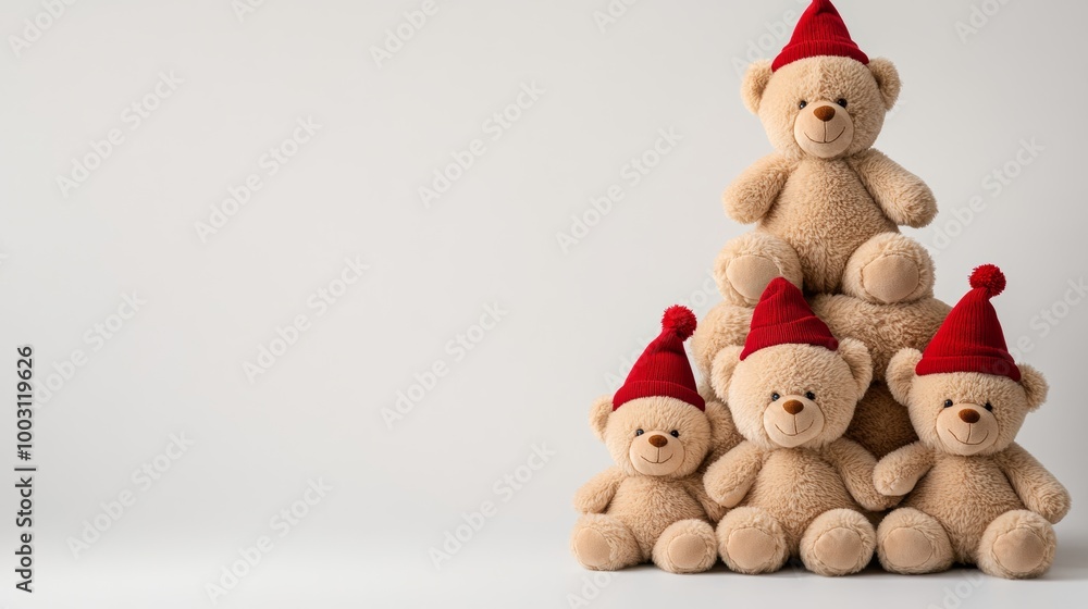 Christmas tree designed from plush teddy bears stacked in a pyramid with festive hats isolated on white Christmas tree designed from plush teddy bears stacked in a pyramid with festive hats isolated on white
