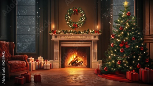 Holiday able with christmas tree and fireplace. with copy space