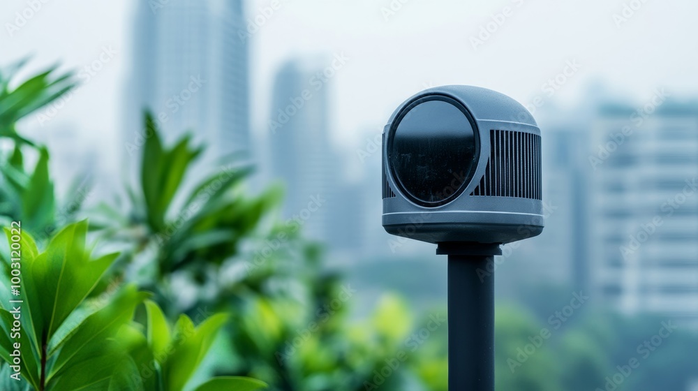 Clean air monitor displaying low air quality levels against a polluted urban backdrop environmental concern Clean air monitor displaying low air quality levels against a polluted urban backdrop environmental concern