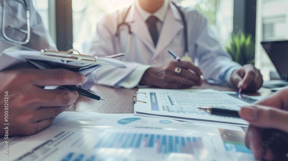 Group of doctors in white coats collaborating on medical reports and charts in a meeting room Group of doctors in white coats collaborating on medical reports and charts in a meeting room