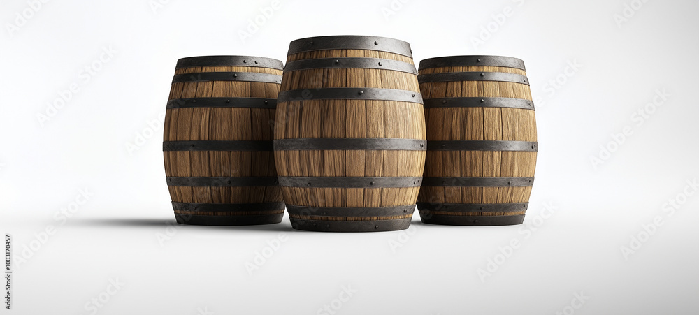 Three wooden beer barrels standing side by side on a white background Three wooden beer barrels standing side by side on a white background
