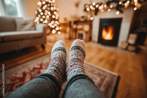 Cozy feet in warm socks relaxing by fireplace during Christmas holiday, festive decorations and glowing tree creating a peaceful and comforting winter atmosphere photo