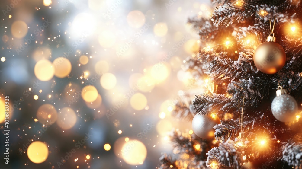 Merry Christmas and Happy New Year. Festive bright beautiful background. Decorated Christmas tree on blurred background. de-focused lights, gold bokeh Merry Christmas and Happy New Year. Festive bright beautiful background. Decorated Christmas tree on blurred background. de-focused lights, gold bokeh
