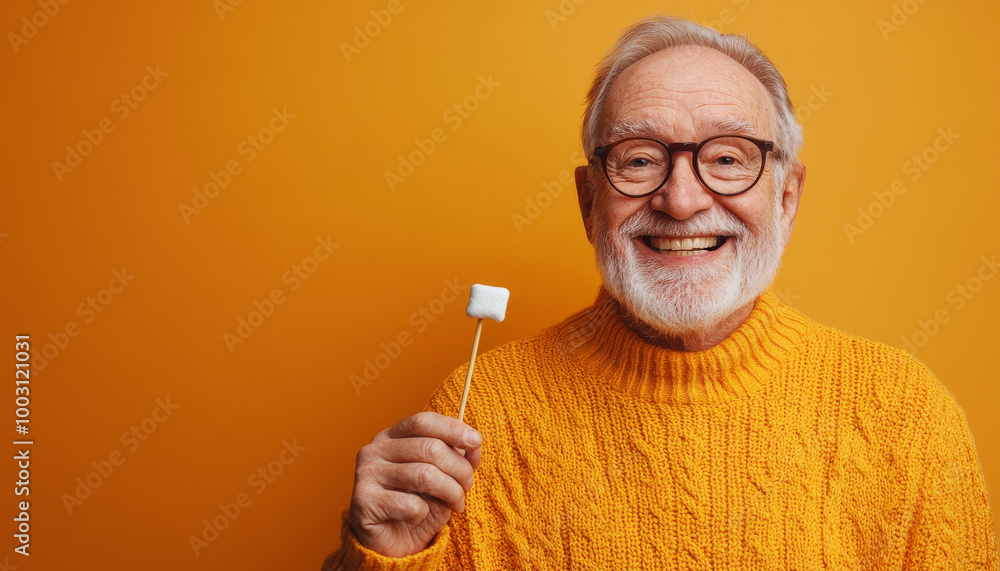 Happy elderly man holding marshmallow skewer, wearing cozy yellow sweater against bright orange background. His joyful expression radiates warmth and nostalgia Happy elderly man holding marshmallow skewer, wearing cozy yellow sweater against bright orange background. His joyful expression radiates warmth and nostalgia
