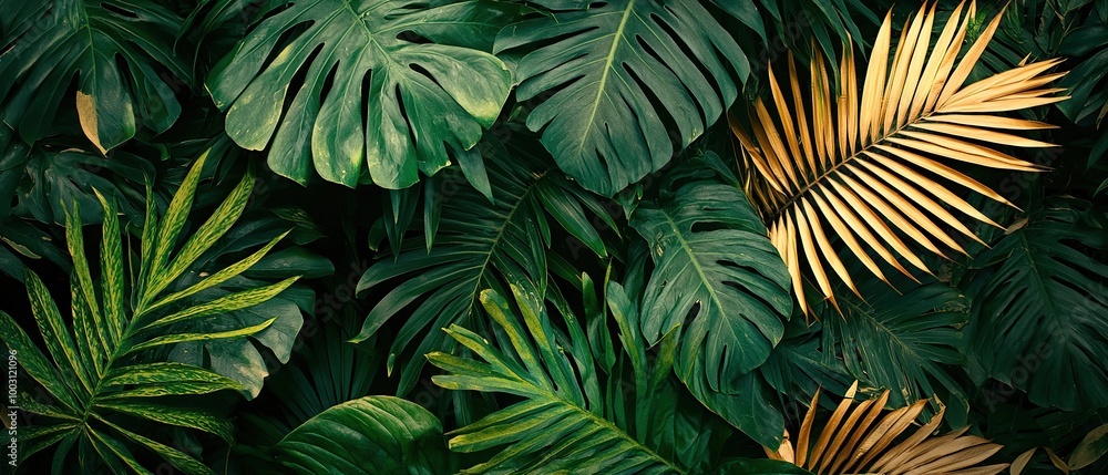 Fototapeta premium Lush green tropical leaves and a single golden palm frond create a textured background.