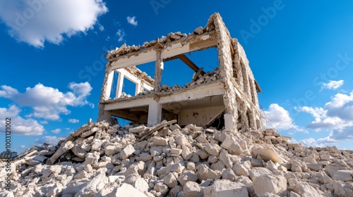 Collapsed building surrounded by rubble after a devastating earthquake urban destruction 