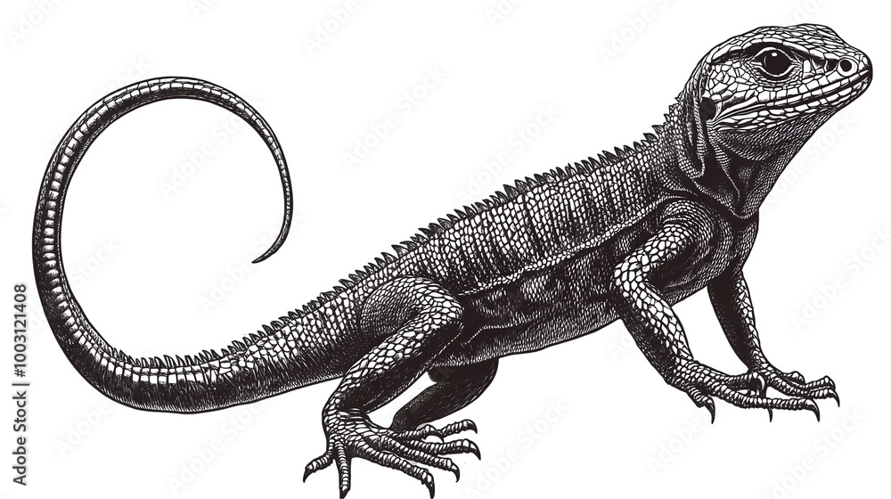 Fototapeta premium silhouette of a vintage lizard isolated on transparent PNG.