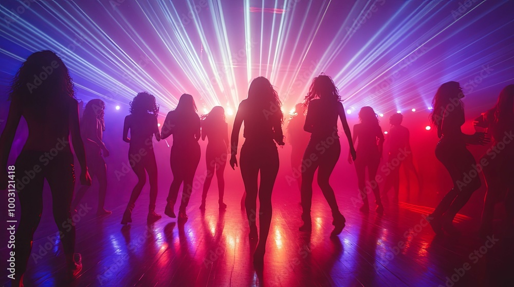 Silhouettes of Women Dancing in a Nightclub with Colorful Lights Silhouettes of Women Dancing in a Nightclub with Colorful Lights
