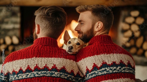 Couple wearing matching sweaters, cuddled by the fire with a dog at their feet, cuffing season warmth in a cozy cabin  photo