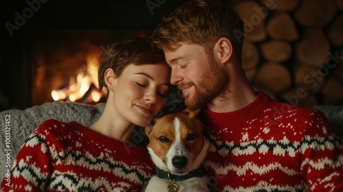 Couple wearing matching sweaters, cuddled by the fire with a dog at their feet, cuffing season warmth in a cozy cabin  photo