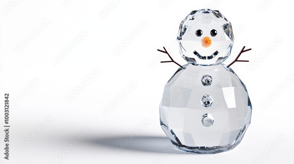 Crystal snowman with faceted diamond-like body reflecting rainbow light, isolated on a sparkling white background 