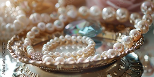 Elegant charm showcased through a pearl necklace and a variety of jewelry displayed on a table.