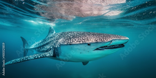 A large shark is swimming in the ocean. The water is clear and blue. The shark is surrounded by bubbles photo