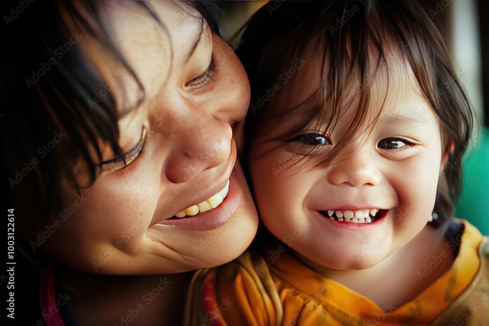 A touching photograph featuring a close-up of a happy child with Down syndrome, their joyful expression filling the frame, possibly with their mother or a caring companion, A touching photograph featuring a close-up of a happy child with Down syndrome, their joyful expression filling the frame, possibly with their mother or a caring companion,