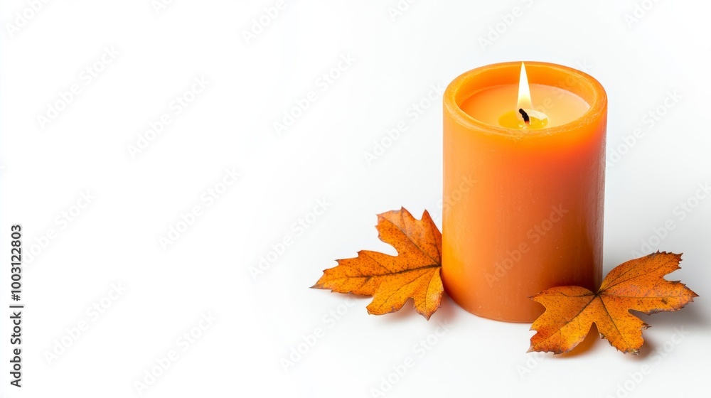 Elegant burning candle casting a warm glow beside vibrant autumn leaves isolated on a white background Elegant burning candle casting a warm glow beside vibrant autumn leaves isolated on a white background