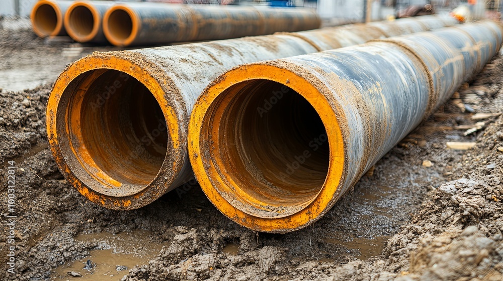 Two Large Orange-Rimmed Pipes in a Trench Two Large Orange-Rimmed Pipes in a Trench