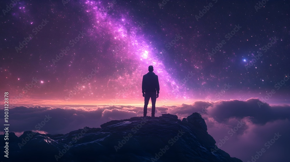a silhouette of a person standing on a rocky outcrop, gazing at a stunning night sky. The sky is filled with a vibrant display of stars and a prominent band of the Milky Way galaxy, which appears in s a silhouette of a person standing on a rocky outcrop, gazing at a stunning night sky. The sky is filled with a vibrant display of stars and a prominent band of the Milky Way galaxy, which appears in s