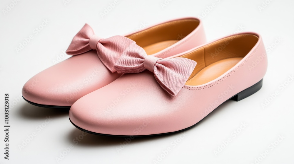 Elegant pair of ballet flats on a white background, soft blush pink leather with delicate bows, simple and classic design Elegant pair of ballet flats on a white background, soft blush pink leather with delicate bows, simple and classic design