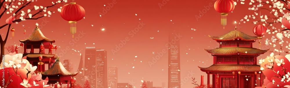 Chinese New Year background with lanterns, flowers and temple Chinese New Year background with lanterns, flowers and temple
