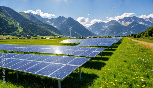 Panneaux solaires et éoliennes dans un paysage montagneux photo