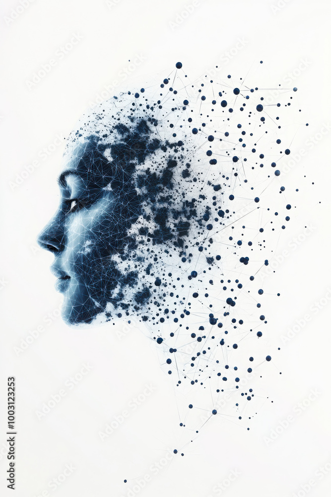 Abstract digital illustration of a woman's profile, blending organic and digital elements with a network of connecting dots and lines. Abstract digital illustration of a woman's profile, blending organic and digital elements with a network of connecting dots and lines.
