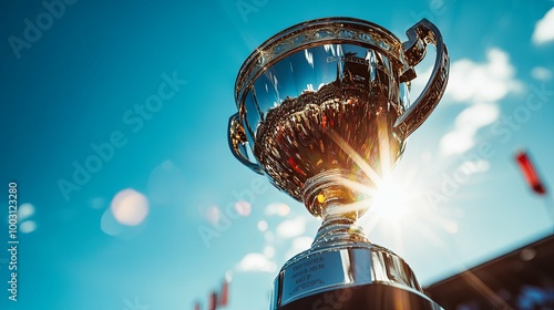 Golden Trophy Reflecting Sunlight Against a Blue Sky