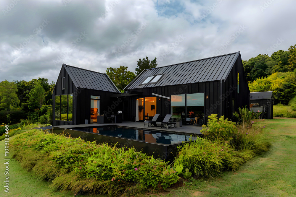 pool-side black house. contemporary building design. pool-side black house. contemporary building design.