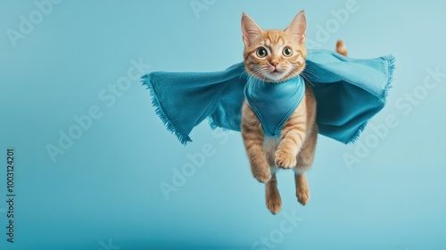 superhero cat, Cute orange tabby kitty with a blue cloak and mask jumping and flying on light blue background with copy space. The concept of a superhero, super cat, leader, funny animal studio shot. photo