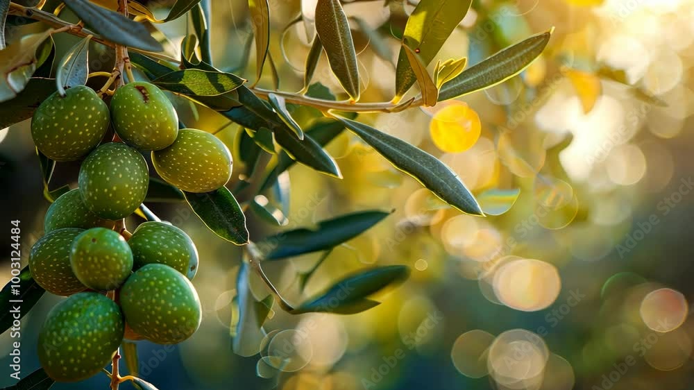 Green olives grow on a branch of an olive tree in the afternoon sun Green olives grow on a branch of an olive tree in the afternoon sun