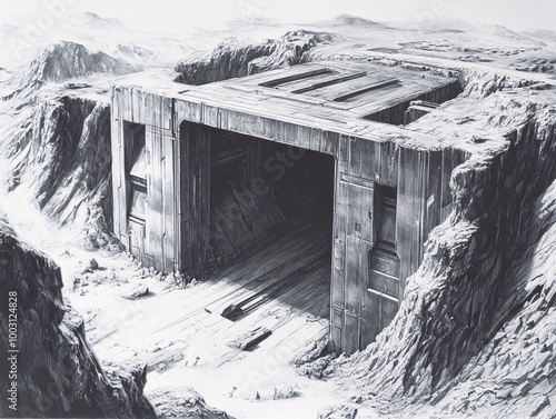 Hyper-realistic square mine portal drawing with repetitive geometric design and stone textures, creating a deep tunnel effect in black and white shading. photo