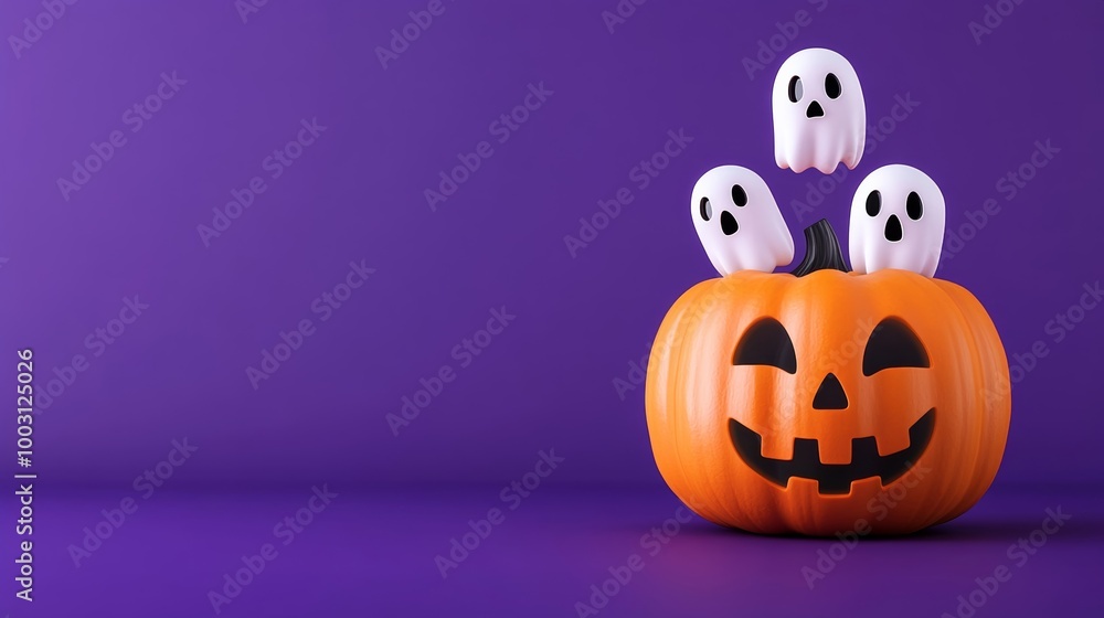 Glowing transparent pumpkin with floating ghost faces inside, isolated on dark purple background with soft shadows Glowing transparent pumpkin with floating ghost faces inside, isolated on dark purple background with soft shadows