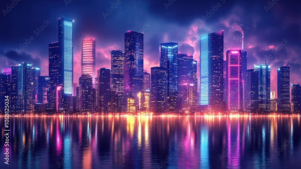 Fototapeta premium Vibrant city nightscape, modern skyscrapers illuminated by neon lights, reflecting in the water