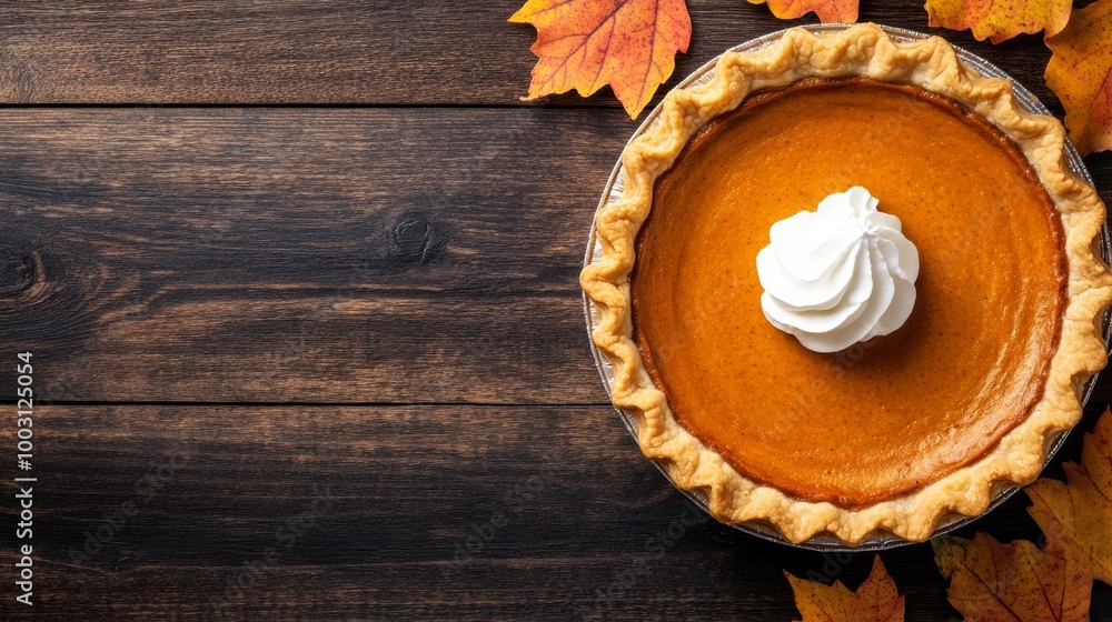 Golden pumpkin pie with a flaky crust and dollop of whipped cream set on a rustic wooden table Golden pumpkin pie with a flaky crust and dollop of whipped cream set on a rustic wooden table