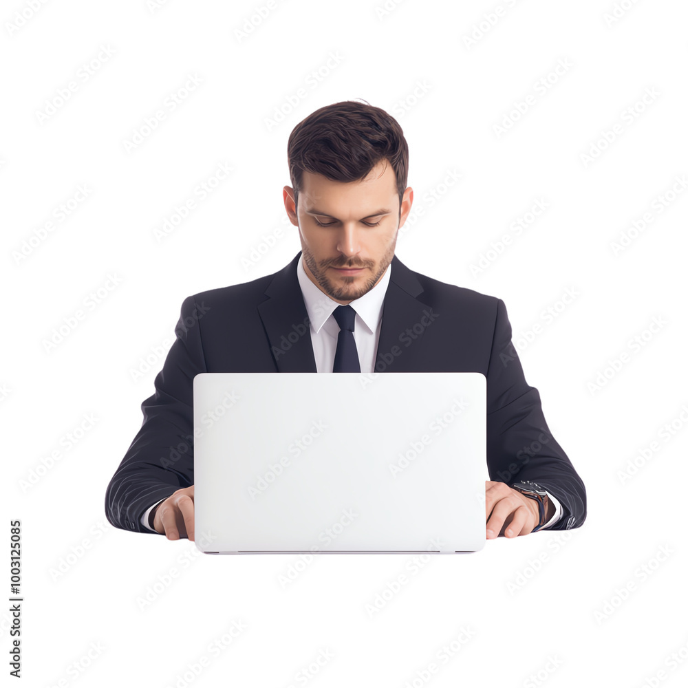 Businessman working on laptop, focused on project, isolated on white background. transparent background Businessman working on laptop, focused on project, isolated on white background. transparent background
