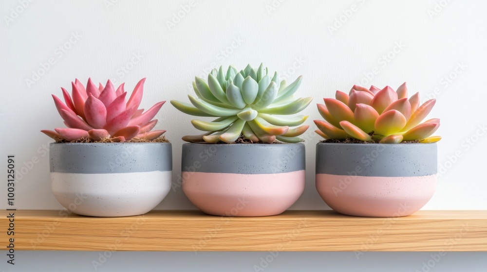 Succulent plants in decorative pots on shelf Succulent plants in decorative pots on shelf