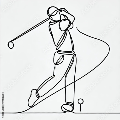 Continuous line drawing of a golfer swinging on a white background, AI Generation