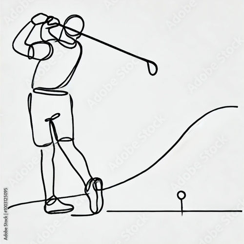 Continuous line drawing of a golfer swinging on a white background, AI Generation