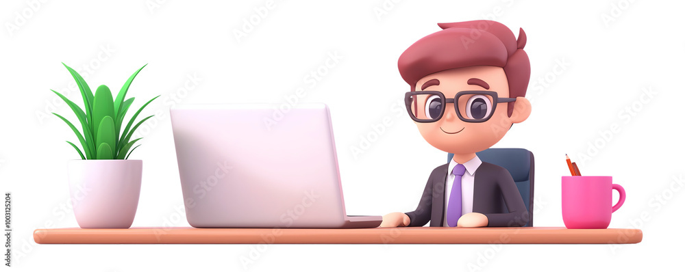 Cartoon businessman working on laptop with plant and cup in office setting. transparent background Cartoon businessman working on laptop with plant and cup in office setting. transparent background