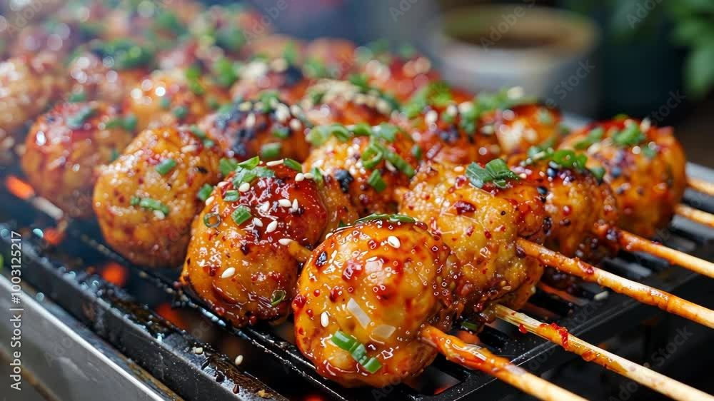 Glazed meatball skewers are grilling over a hot charcoal grill, creating a delicious smoky aroma Glazed meatball skewers are grilling over a hot charcoal grill, creating a delicious smoky aroma
