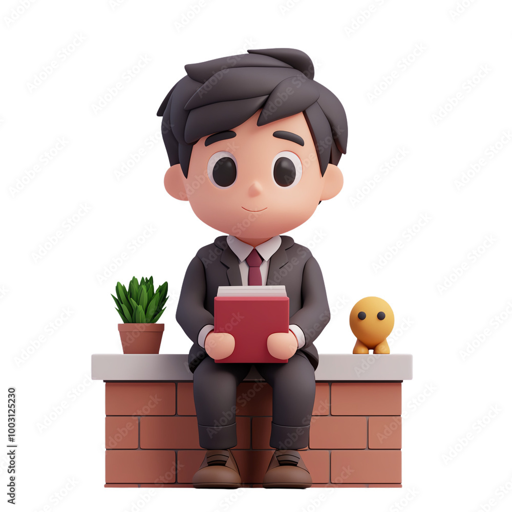 Cartoon character reading a book, sitting with a plant and a cute animal. transparent background Cartoon character reading a book, sitting with a plant and a cute animal. transparent background