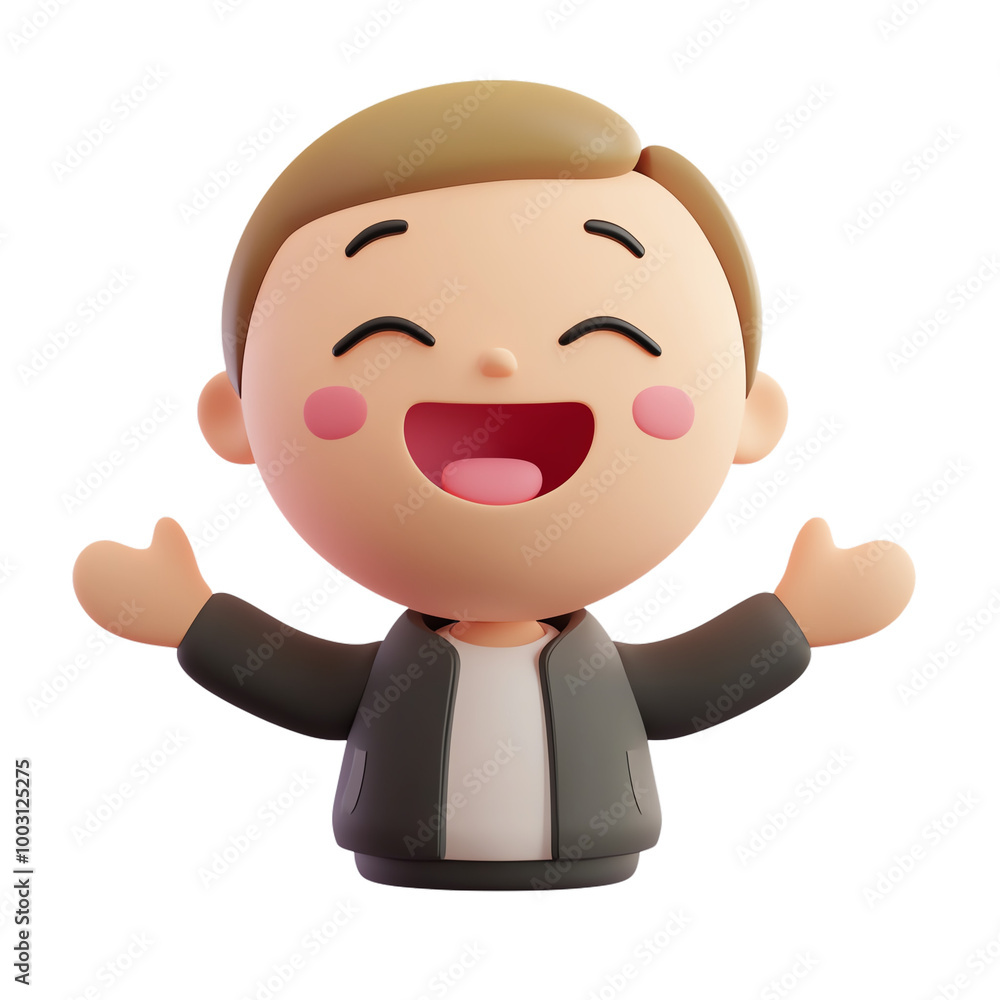 Cheerful cartoon character with a big smile, arms open wide, on a white isolated background. transparent background