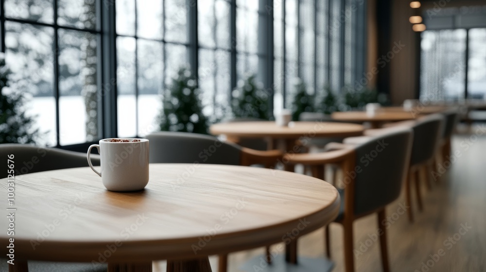 Inside a winter cafe with rustic wooden furniture, hot cocoa on tables, snow falling outside the frosted windows Inside a winter cafe with rustic wooden furniture, hot cocoa on tables, snow falling outside the frosted windows