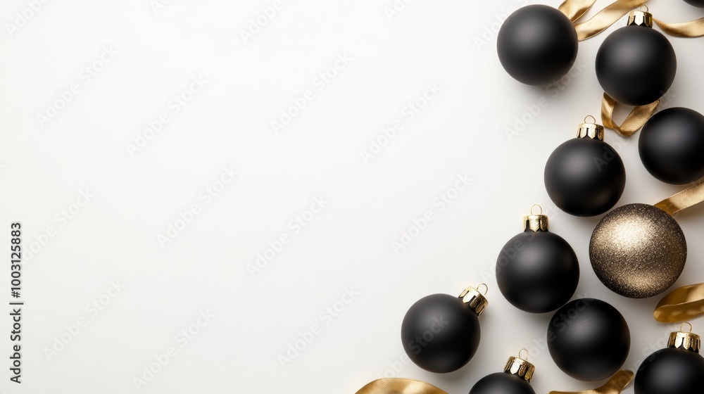 Isolated image of black Christmas ornaments with metallic gold ribbons on a white background, minimalist holiday design Isolated image of black Christmas ornaments with metallic gold ribbons on a white background, minimalist holiday design