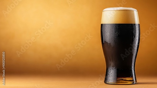 Isolated glass of dark stout beer with foam rising in a warm glow background 