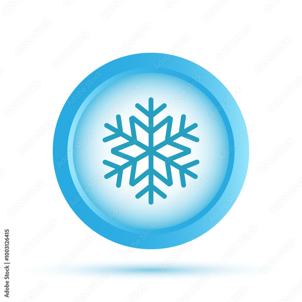 Snowflake icon in blue round button. Ice symbol. Snow achievement sign. Vector illustration isolated on white background Snowflake icon in blue round button. Ice symbol. Snow achievement sign. Vector illustration isolated on white background
