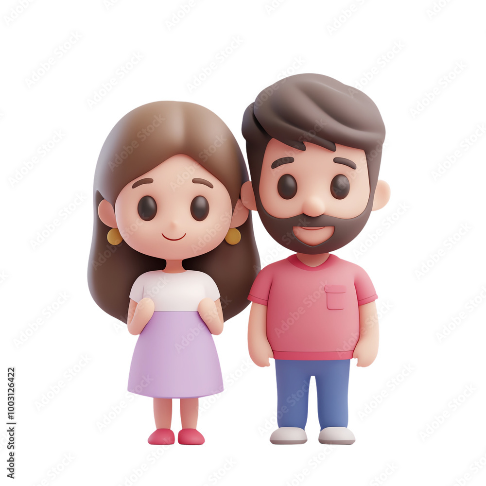 Cute cartoon couple standing together, smiling on white isolated background. transparent background Cute cartoon couple standing together, smiling on white isolated background. transparent background