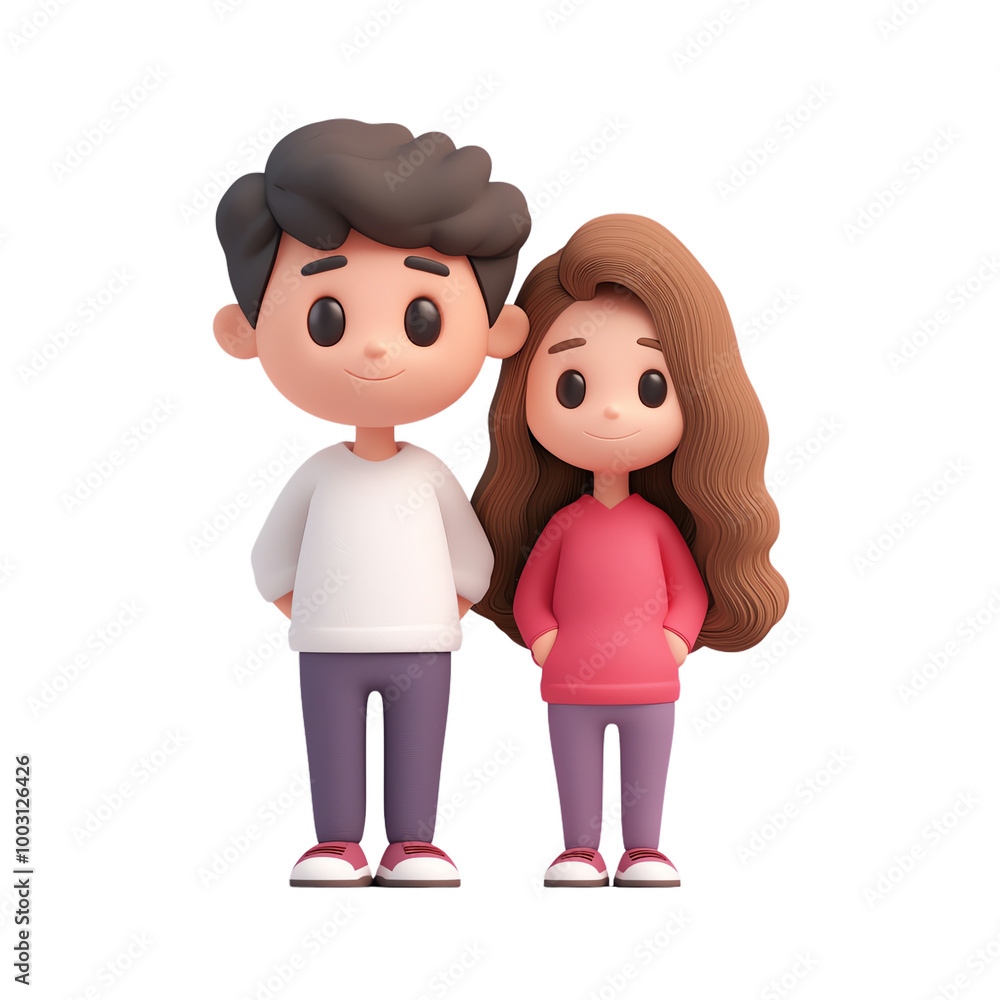 Cute cartoon couple standing together, cheerful expression, white isolate background. transparent background Cute cartoon couple standing together, cheerful expression, white isolate background. transparent background